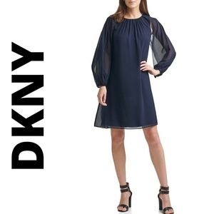 DKNY Long Cape Sleeve JewelNeck Chiffon ShiftDress